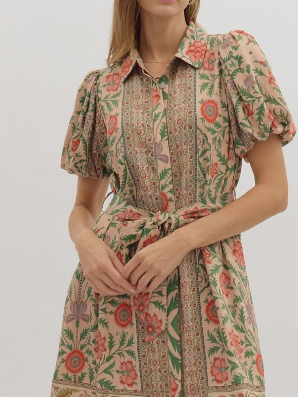 NWT Entro Botanical Print Puff Sleeve Midi Dress in Natural Multi - Picture 6 of 7